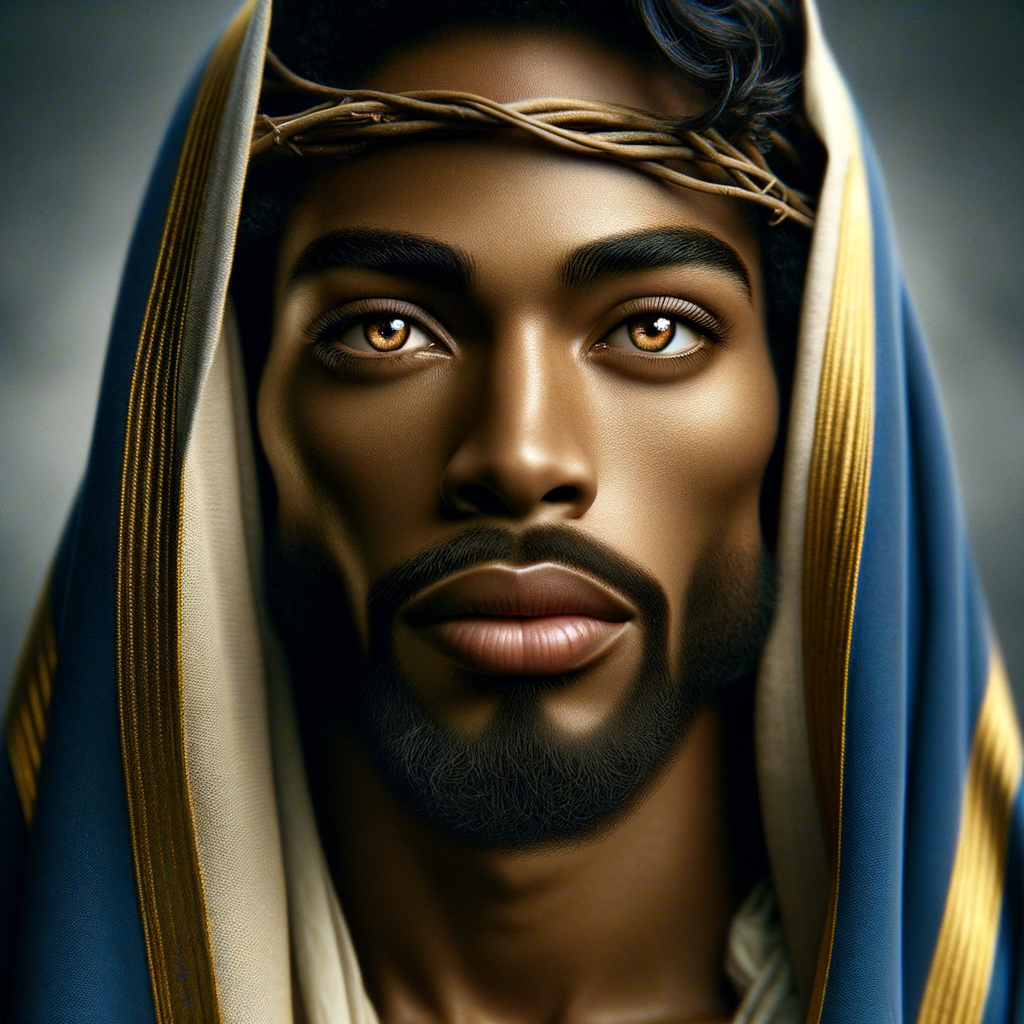 Create handsome African-American, Jesus, with Hazel Brown eyes wearing a blue and gold robe