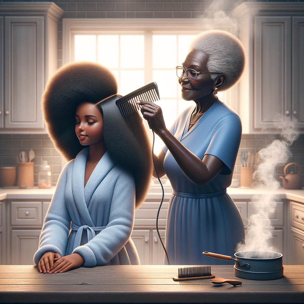 Create a realistic 3-D image of an african-American grandmother in the kitchen with her african-American granddaughter. The grandmother has a hot comb in her hair and she is straightening her granddaughters hair. One side of her granddaughters hair is in  a Afro the other is bone straight 
There is smoke coming from the hot comb