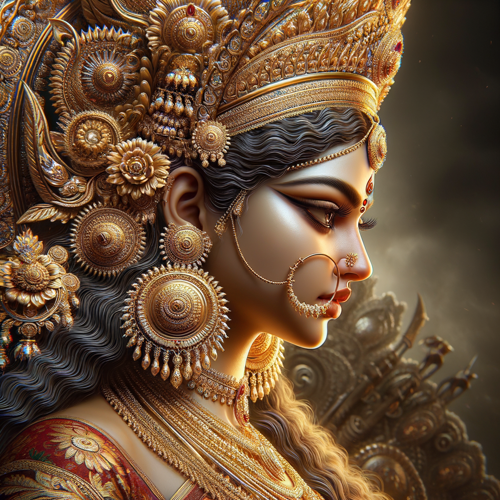 Side view portrait of  gorgeous and extremely angry goddess durga. intricately detailed depiction of a goddess. gold jewelry all over body. ultra detailed face. Wearing red saree, a lot of gold ear piercings, huge gold crown on head, uhd, hdr, 64k, epic, ultra detailed face