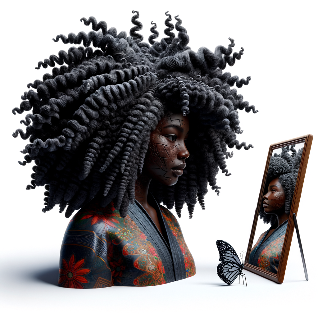 Create a 3-D realistic beautiful African-American  women with thick curly black hair
Looking at herself in the mirror, but the reflection she sees is a child, and she is no longer beautiful. She is ugly with scars. There is a fallen butterfly.