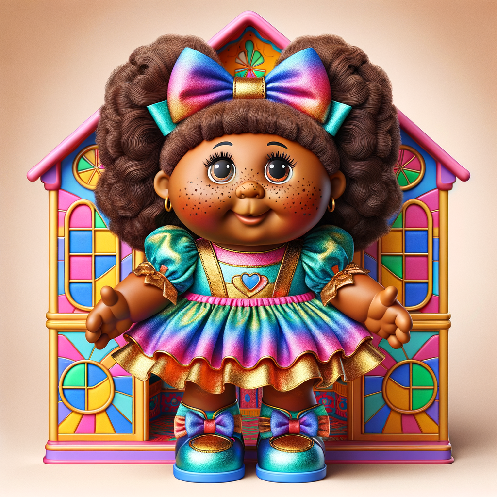 Design a 3-D realistic original African-American Cabbage Patch doll. She has on a blue pink and gold dress with matching booties. She has pink and blue bows in her hair. she lives inside of a colorful dollhouse. She has freckles and big dimples.