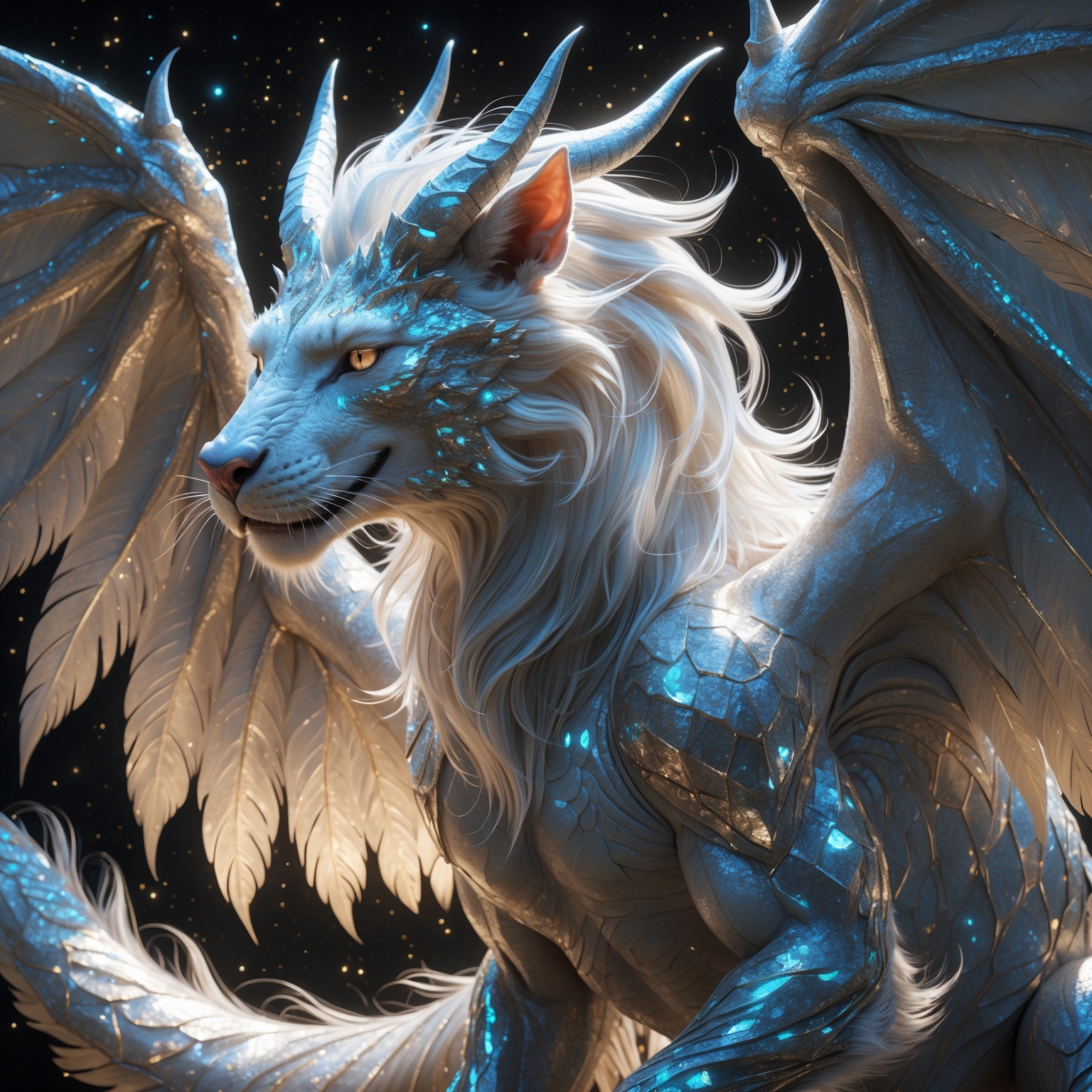 A beautifully celestial manticore, its body a mix of shimmering stardust and ethereal light, with wings that gleam like precious gems. The image is a highly detailed and realistic digital painting, showing every intricate detail of the mythical creature. The manticore's mane flows like a river of silver, and its eyes shine with otherworldly wisdom. This mesmerizing artwork captures the essence of a celestial being, inviting viewers to get lost in its mystical presence.