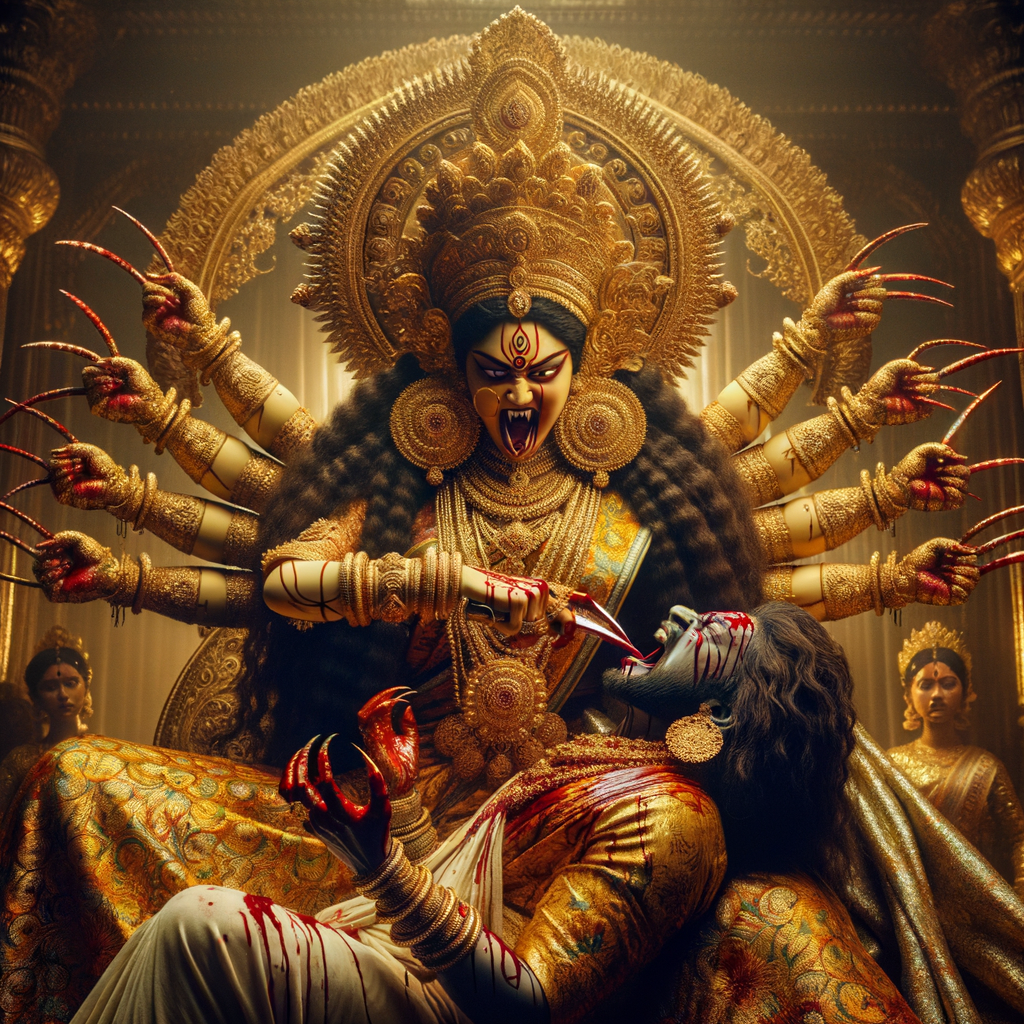 portrait of angry looking goddess durga sitting on a gold crown and carrying a weak mahishasur on her lap and poking him with her amazingly long red fingernails. She is wearing gold armor, a huge gold crown, gold saree, abundant  gold jewelry, covered in blood. The scene is set in ancient India. The image is 8K resolution, cinematic, photography, ultra detailed face and epic.