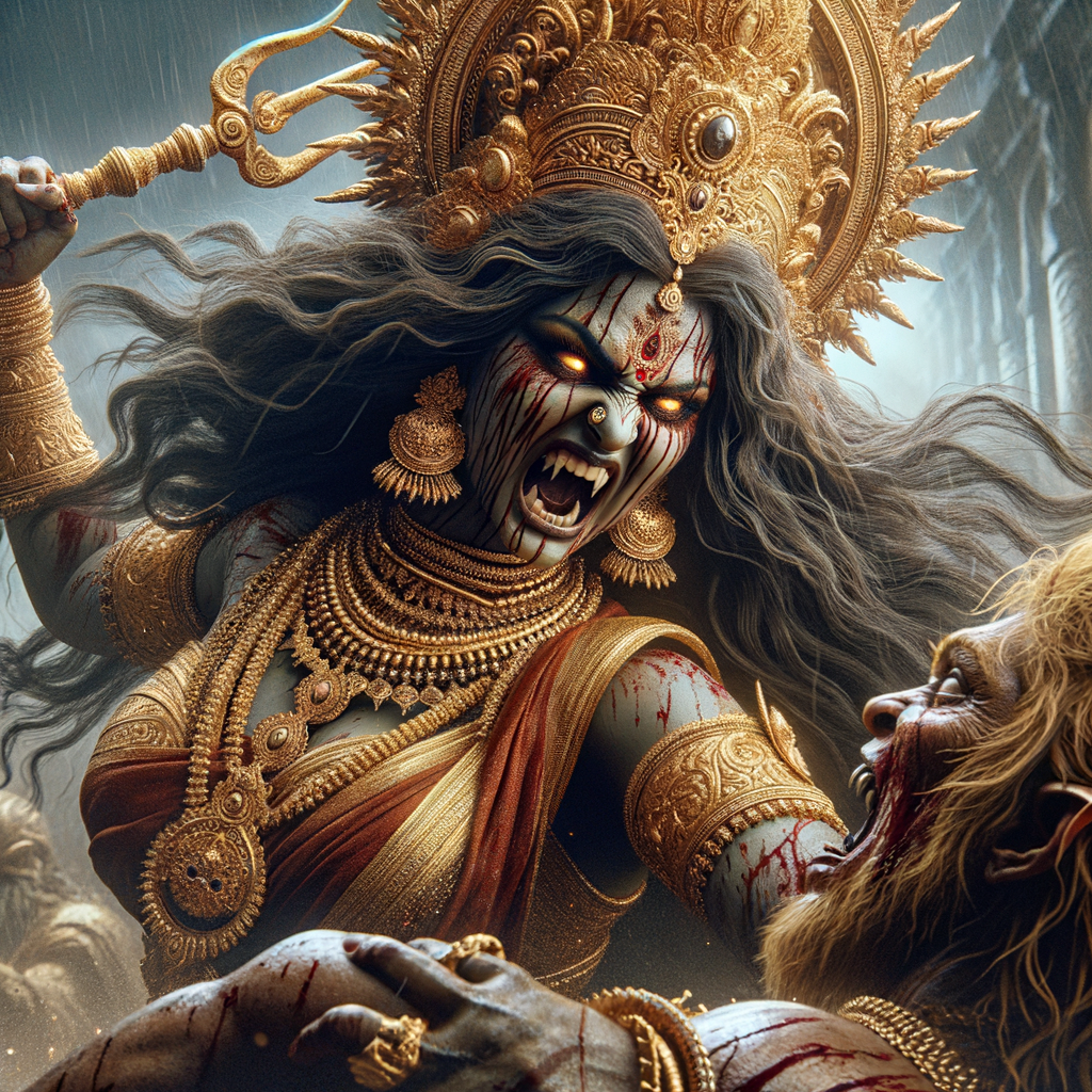 portrait of angry looking, indian goddess lunging at a weak mahishasur with a trident in her hand. She is wearing gold armor, a huge gold crown, gold saree, abundant  gold jewelry, covered in blood. The scene is set in ancient India. The image is 8K resolution, cinematic, photography, ultra detailed face and epic.