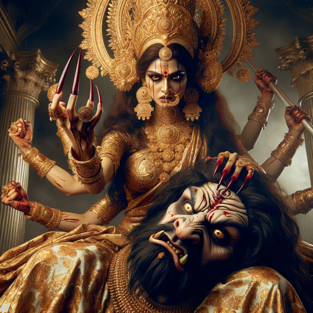 portrait of extremely angry looking goddess durga cosplayer sitting on a gold crown and carrying a weak mahishasur on her lap and poking him with her amazingly long red fingernails. She is wearing gold armor, a huge gold crown, gold saree, abundant  gold jewelry, covered in blood. The scene is set in ancient India. The image is 8K resolution, cinematic, photography, ultra detailed face and epic.