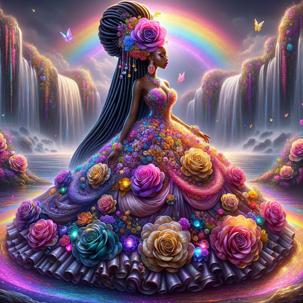 Remix Prompt
S/O Jackie Torres
S/O Panda Locke

create a animated style hyper realistic airbrush whimsical oil painting of a light African American woman wearing a flawless beautiful purple, pink, and gold blossom dress long flowing with colorful flowers and ruffles on the dress colorful jewelry made of flowers she has long black dreadlocks in a bun a colorful rose in her hair her peep toe shoes is matching her dress behind her is a beautiful waterfall liquid glowing lights beautiful colorful rainbow surrounded by beautiful roses.