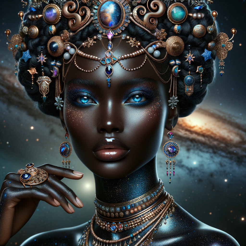 "Create a portrait of a regal African-American woman with an ethereal and cosmic theme. Her skin is a glossy ebony, with a smooth and flawless finish that reflects light. Her eyes are a striking electric blue, like sapphires, with a makeup that accentuates their shape and the intensity of their color. Her hair is styled into an intricate array of braids, coils, and twists that cascade down and frame her face, adorned with beads and jewels that catch the light. She wears an elaborate headdress made of swirling patterns and motifs that evoke the mysteries of the universe, studded with shimmering stones and intricate enamel work in hues of blue and gold. Her attire consists of a cascade of layered necklaces and a majestic, shoulder-grazing earring, each piece detailed with a mix of precious stones, metals, and intricate beadwork. The background is a tapestry of stars and nebulas, suggesting a connection to the cosmos. Her pose is serene, with a hand gracefully touching her chin, adorned with rings that complement her other jewelry, all coming together to suggest an aura of wisdom and grace."