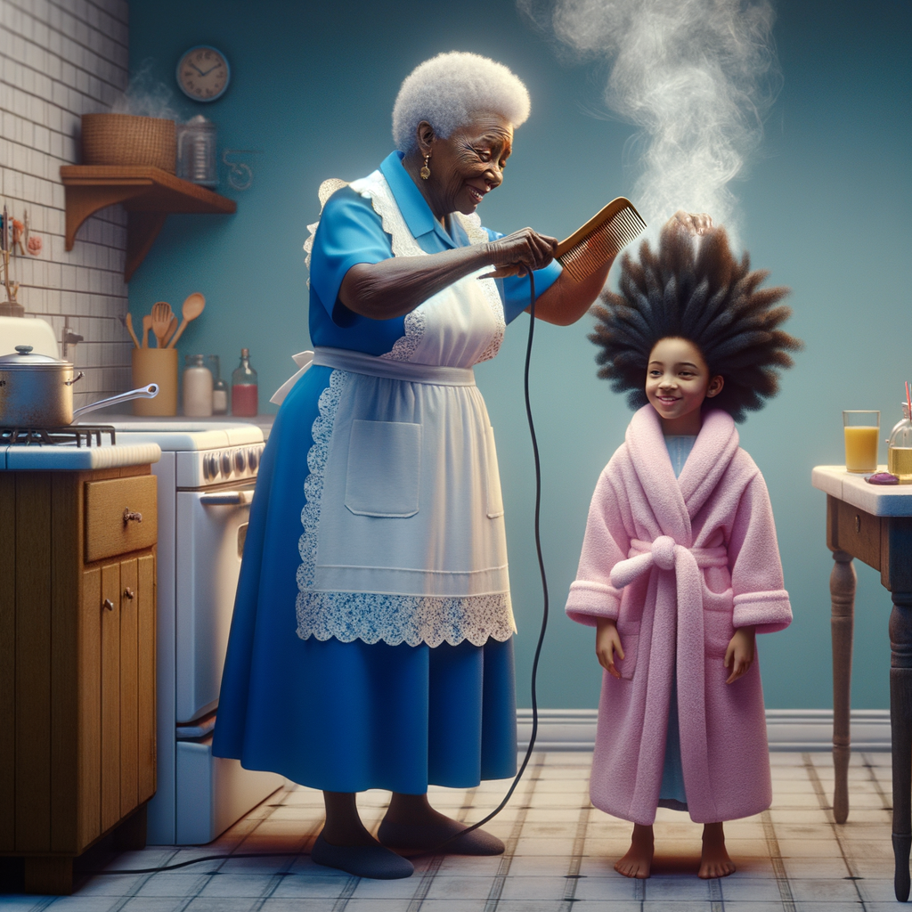 Create a realistic 3-D image of an african-American grandmother wearing a blue house dress and a white apron . She is in the kitchen with her african-American granddaughter. Her granddaughter is wearing a pink bath robe. The grandmother has a hot comb in her hand and she is straightening her granddaughters hair. One side of her granddaughters hair is in  a Afro the other straight 
There is smoke coming from the hot comb
The granddaughter is making a face