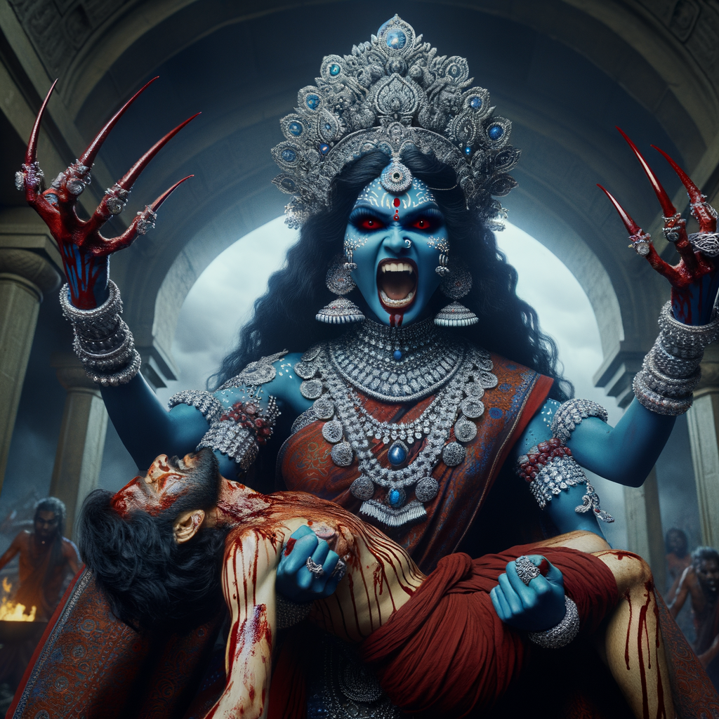 portrait of angry looking, gorgeous goddess kali, blue skinned carrying a weak mahishasur in her two arms and stabbing him with her amazingly long red fingernails. She is wearing a huge silver crown, red saree, abundant silver jewelry, covered in blood. The scene is set in ancient India. The image is 8K resolution, cinematic, ultra detailed face and epic.