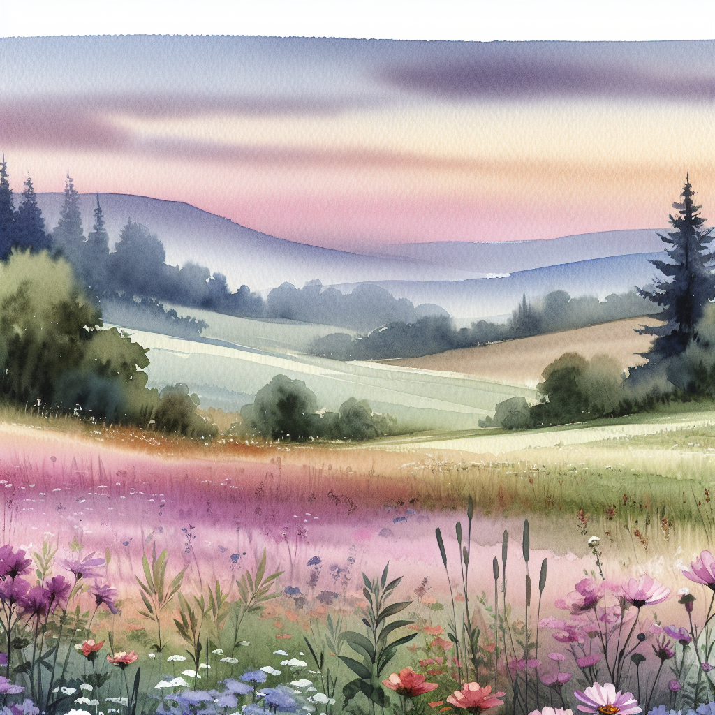 A serene meadow scene with rolling hills, blooming wildflowers, and a subtle sky gradient blending shades of pink, orange, and purple. The brushstrokes are soft, yet they provide enough detail to create depth and texture in the foliage and distant trees