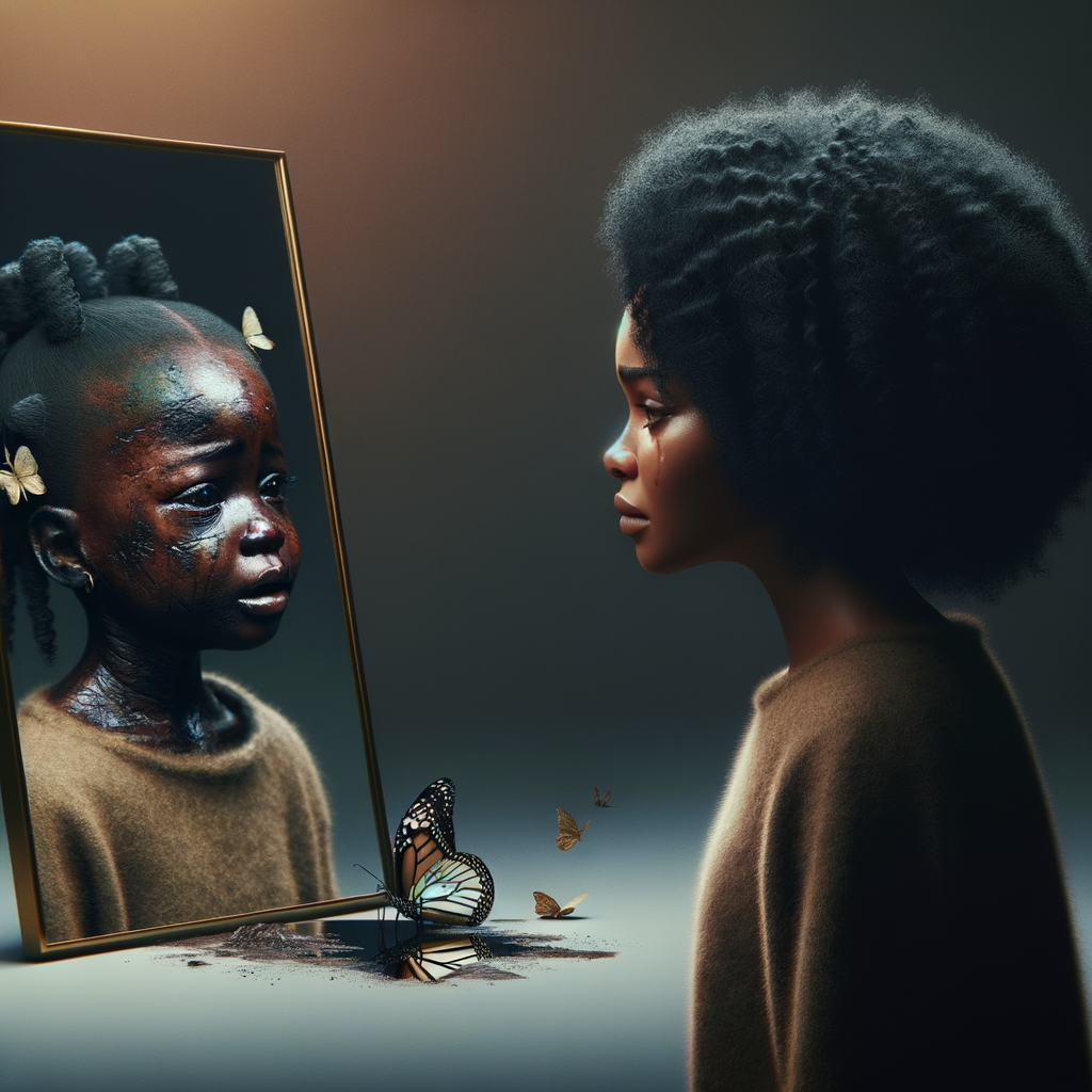 Create a 3-D realistic, adult african-American, female 
Did curly black hair, dark skin, looking at herself in a mirror, but the child that she sees in the reflection is dirty and crying and has scars, and there is a fallen butterfly