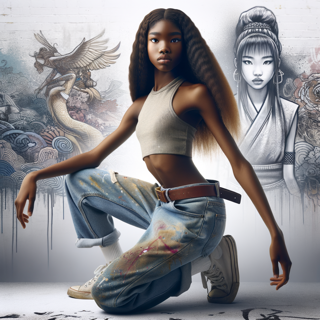 teenage girl, long brown hair and bangs, wearing tight skinny jeans and a halter top paint marks on her clothing, heroic pose Asian graffiti background, nearing on one knee