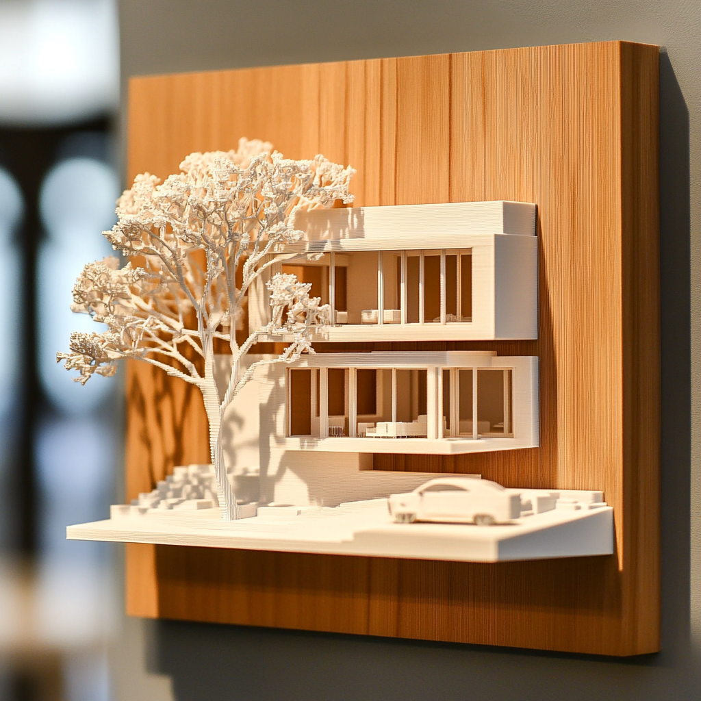 3D printed scale model of a modern house being displayed as art on a wall