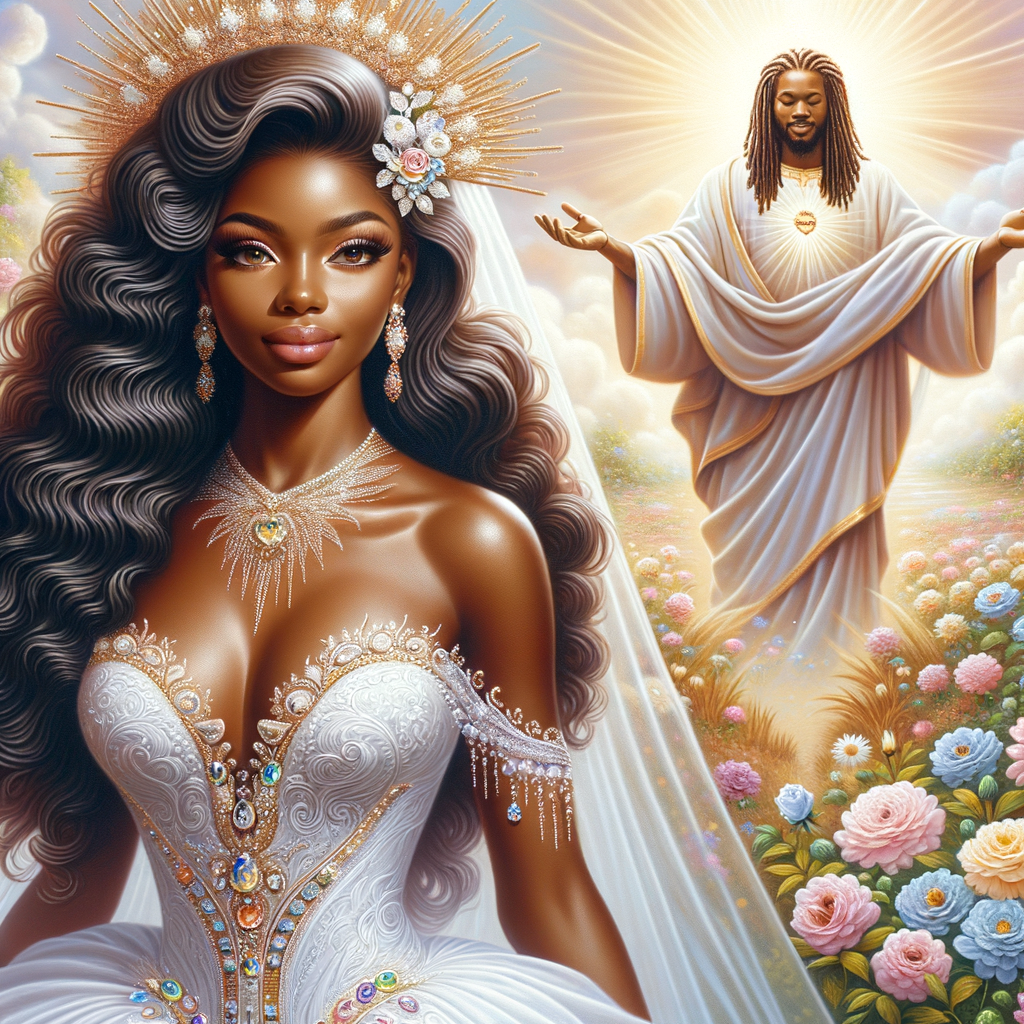 Create a 3-D realistic oil, painting of a beautiful African-American bride. She has long flooring, wavy hair and her gown has beautiful jewels around the neckline. in the background there is a beautiful African-American Jesus Christ with long dreadlocks, and he is smiling. He is very handsome pastel flowers throughout the image.