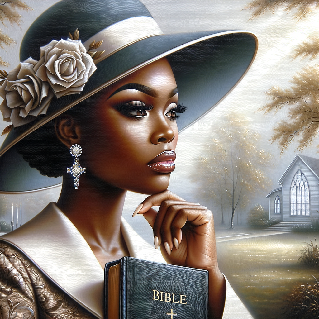 Render an airbrush oil painting of an African American woman with flawless makeup in a
contemplative pose, holding a Bible close to her heart, dressed in an elegant Sunday Best
outfit with a distinctive Church Hat. The background features a peaceful church garden,
with light filtering through the trees, highlighting her spiritual connection and the personal
moment of reflection. The artwork should capture the tranquility of the scene, the beauty
of her attire, and the depth of her contemplation, reflecting a serene and spiritually