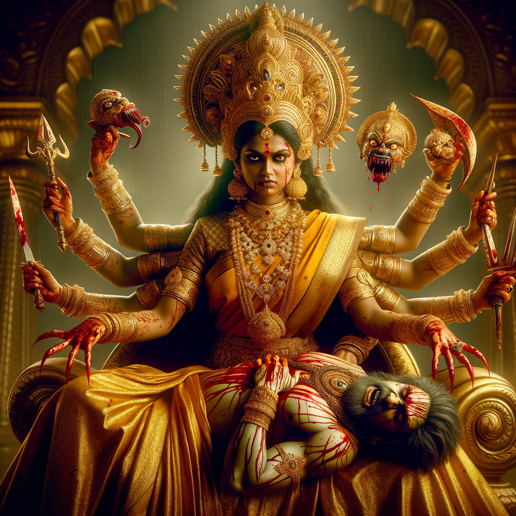 portrait of angry looking, four-armed indian goddess  sitting on a gold crown and carrying a weak mahishasur on her lap and poking his abdomen with her amazingly long red fingernails . She is wearing gold armor, a huge gold crown, gold saree, abundant  gold jewelry, covered in blood. The scene is set in ancient India. The image is 8K resolution, cinematic, photography, ultra detailed face and epic.