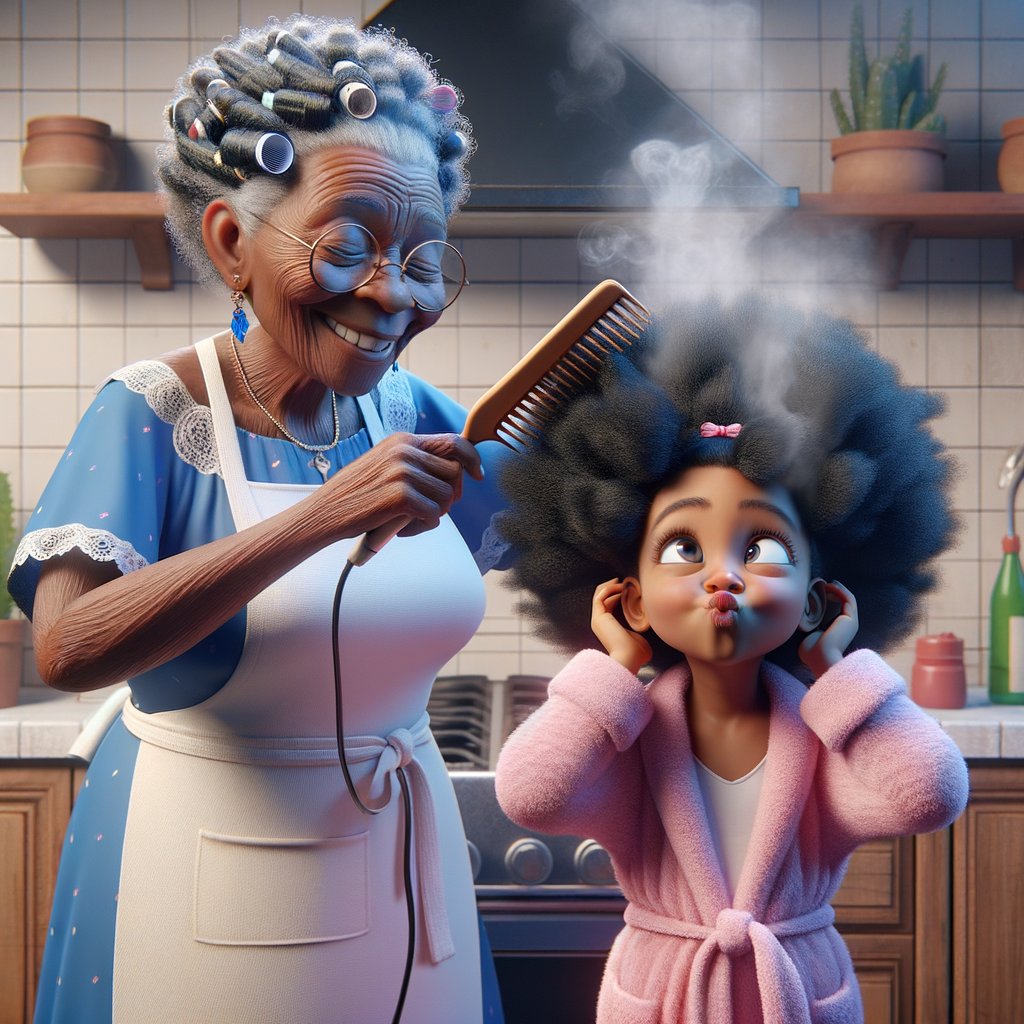 Create a realistic 3-D image of an african-American grandmother wearing a blue house dress and a white apron . She is in the kitchen with her african-American granddaughter. Her granddaughter is wearing a pink bath robe. The grandmother has a hot comb in her hand and she is straightening her granddaughters hair. One side of her granddaughters hair is in  a Afro the other straight 
There is smoke coming from the hot comb
The granddaughter is holding her ear and making a funny face