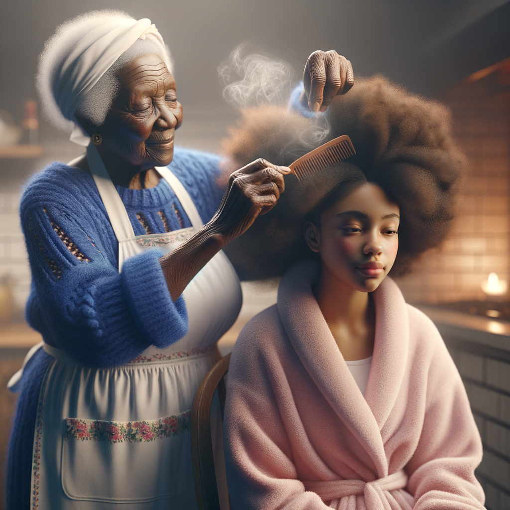 Create a realistic 3-D image of an african-American grandmother wearing a blue house dress and a white apron . She is in the kitchen with her african-American granddaughter. Her granddaughter is wearing a pink bath robe. The grandmother has a hot comb in her hand and she is straightening her granddaughters hair. One side of her granddaughters hair is in  a Afro the other straight 
There is smoke coming from the hot comb
The granddaughter is making a face