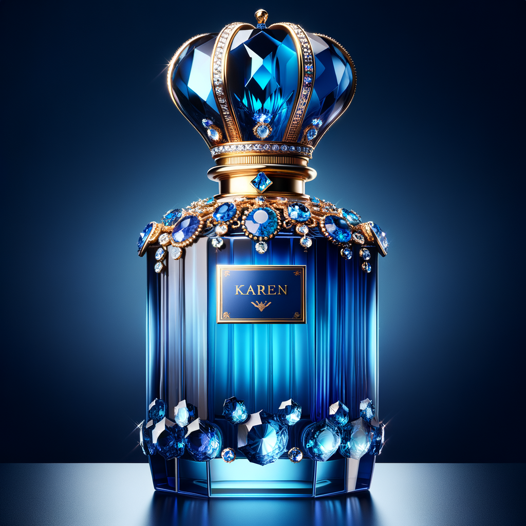 A digital illustration of a luxurious perfume bottle with a tall, faceted cap designed to mimic a deep blue gemstone, giving a sapphire-like appearance. The bottle, displaying a vivid blue color with light refraction effects, suggests the high clarity of glass. It rests on a reflective surface, hinting at the elegance of the product. A golden crown, ornately decorated with sparkling diamonds and inset with sapphire-blue gemstones, encircles the bottle's neck, adding to its opulence. The name 'KAREN' is featured in a prominent, sophisticated script on the front of the bottle, standing out against the deep blue background. The overall image conveys a sense of luxury and high fashion.