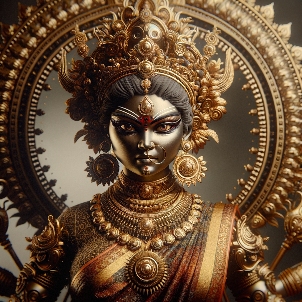 Waist up portrait of angry goddess durga with athletic body, big breasts, wearing gold jewelry all over body, huge gold crown, red saree, gold armor, ultra detailed face, UHD, 8K, photography