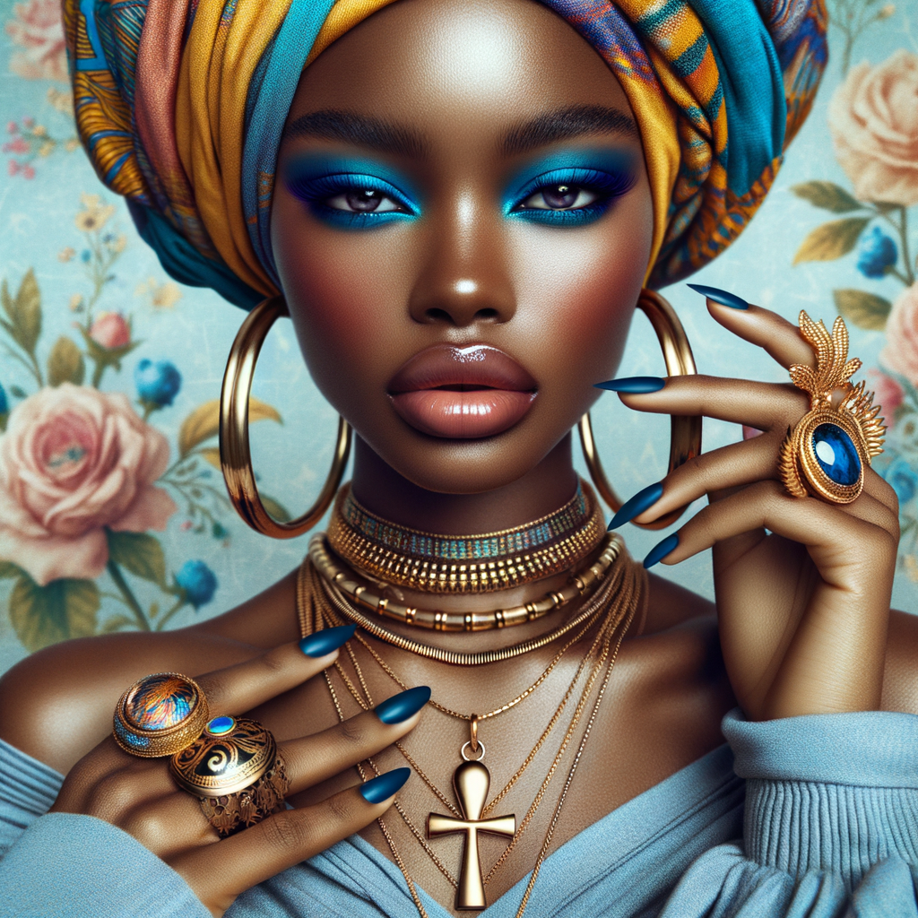 Create an image of an african-American, graceful woman , striking blue eyeshadow, and full lips. She wears large, golden hoop earrings and multiple necklaces, one with a prominent ankh pendant. Her hair is hidden beneath a vibrant, patterned head wrap in shades of blue, yellow, and orange. Her nails are painted dark blue, complementing her eyeshadow, and her fingers are adorned with a large, ornate gold ring. She poses elegantly against a background filled with soft pastel flowers, highlight her beauty