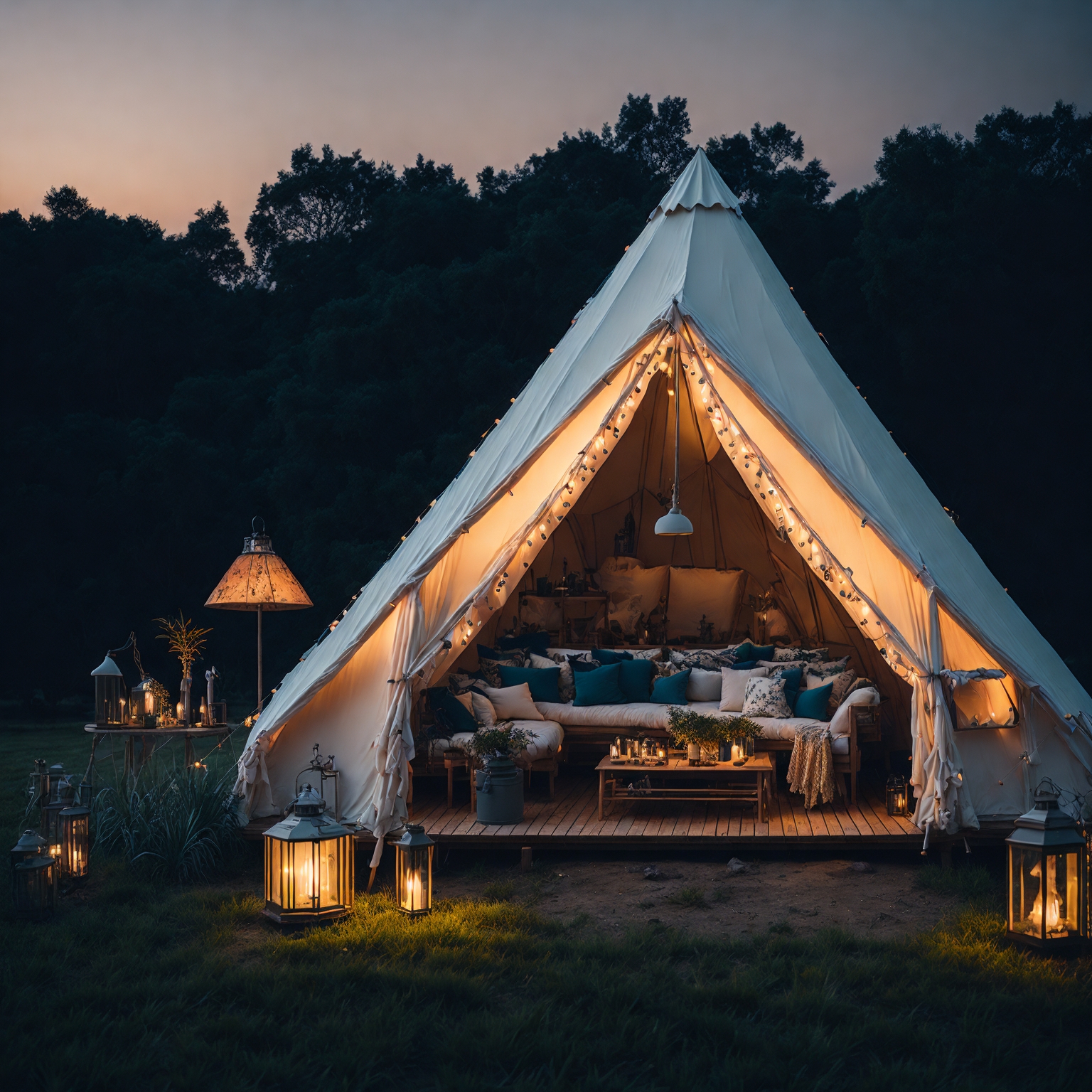 Organize a girls' glamping birthday featuring a spacious bell tent, adorned with beach-inspired decorations and festive birthday ornaments. Arrange the tent on an idyllic farm setting, complete with a cozy outdoor lounge area and a welcoming fire pit.