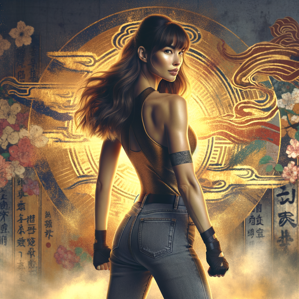 Athletic Thin skinny Attractive, Asian teenage girl, long brown hair and bangs, wearing tight skinny jeans and a halter top paint marks on her clothing, heroic pose Asian graffiti background, backside view