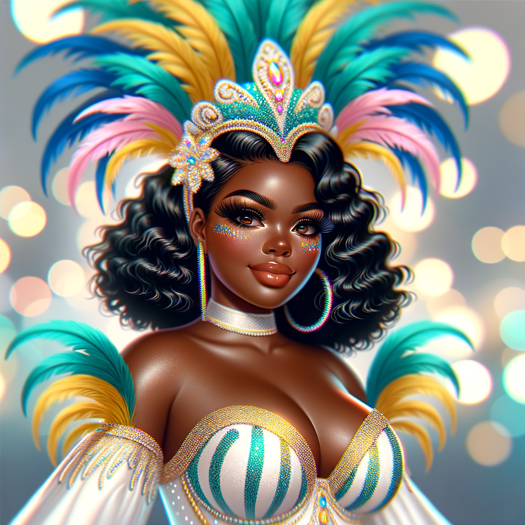 Create a 3-D  vivid full-body view of a colorful glossy hyper-realistic oil painting of a detailed illustration full length photo single image of a beautiful African-American caramel skinned woman plus sized, with long, black, wavy hair, her make up is airbrushed and flawless, she is dressed in a white, teal and yellow large, elaborate, elegant, very detailed carnival costume with colorful African-American pink, blue, gold yellow green feathers, flawless makeup, prominent lashes, black peep toe heels, white pixie hair, background bokeh, she is stunning and smiling, digital art.