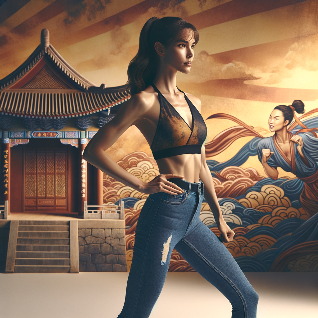 Athletic Thin skinny Attractive, Asian teenage girl, long brown hair and bangs, wearing tight skinny jeans and a halter top paint marks on her clothing, heroic pose Asian graffiti background, side view