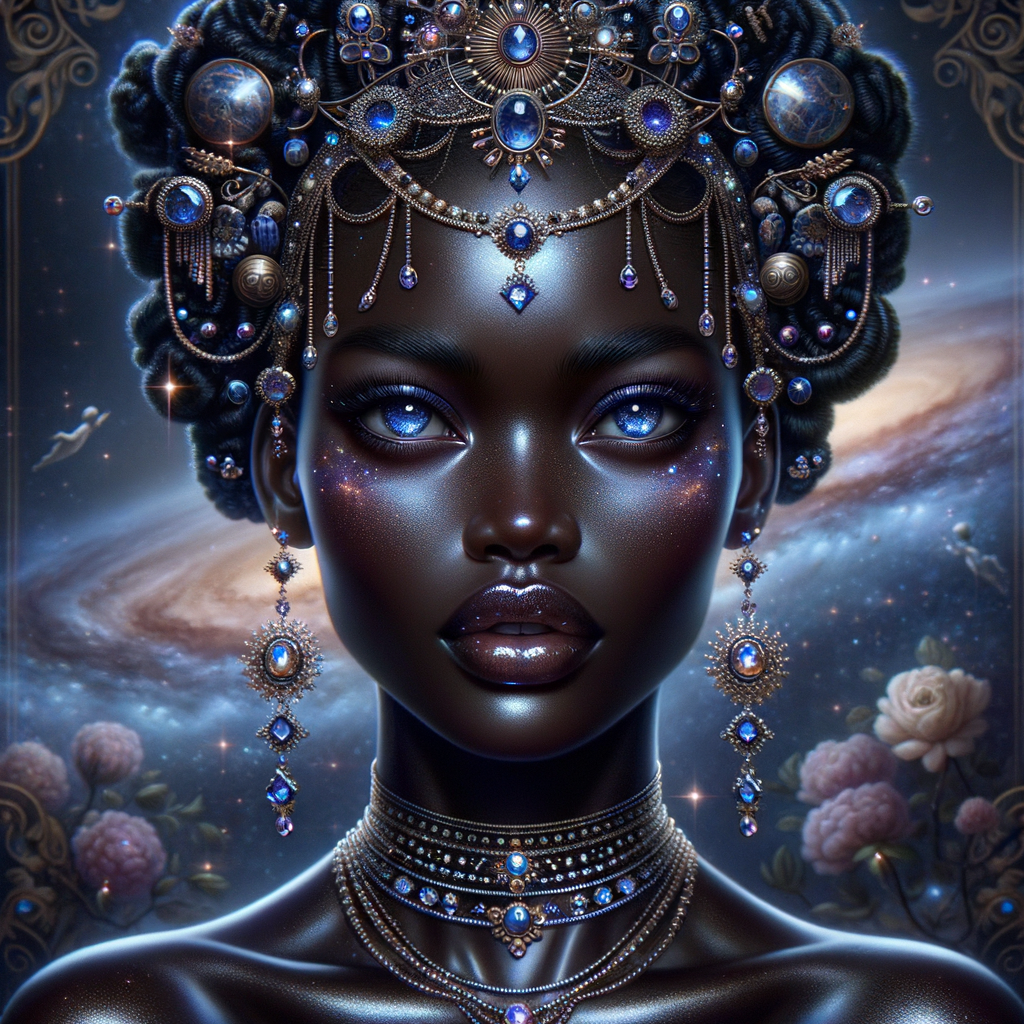 "Create a portrait of a regal African-American woman with an ethereal and cosmic theme. Her skin is a glossy ebony, with a smooth and flawless finish that reflects light. Her eyes are a striking electric blue, like sapphires, with a makeup that accentuates their shape and the intensity of their color. Her hair is styled into an intricate array of braids, coils, and twists that cascade down and frame her face, adorned with beads and jewels that catch the light. She wears an elaborate headdress made of swirling patterns and motifs that evoke the mysteries of the universe, studded with shimmering stones and intricate enamel work in hues of blue and gold. Her attire consists of a cascade of layered necklaces and a majestic, shoulder-grazing earring, each piece detailed with a mix of precious stones, metals, and intricate beadwork. The background is a tapestry of stars and nebulas, suggesting a connection to the cosmos. Her pose is serene, with a hand gracefully touching her chin, adorned with rings that complement her other jewelry, all coming together to suggest an aura of wisdom and grace."