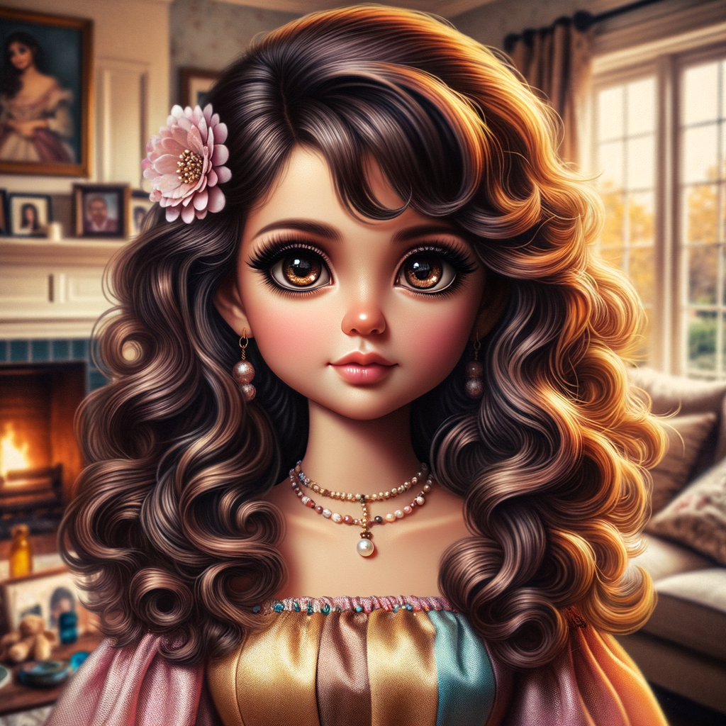 Create an image of a stylized, Latino doll-like girl seated in a cozy living room with a warm fireplace. She has voluminous, wavy hair cascading over her shoulders, tinted with shades of chestnut and mocha. Her large, expressive eyes are a deep brown, fringed with long, fluttery lashes. A delicate pink flower tucks behind one ear, complementing her youthful glow. She wears a gold, pink, and blue body on dress with soft, flowing fabric that drapes elegantly over her small frame. Around her neck is a dainty necklace adorned with beads and a gentle sprinkle of gemstones reflecting subtle light. In her hand, she holds a pearly seashell as a charming accessory. Behind her, the living room is inviting, with plush furnishings, a mantelpiece adorned with family photos and trinkets, and a crackling fireplace that casts a comforting glow and dancing shadows around the room, enhancing the ambiance of a serene home setting