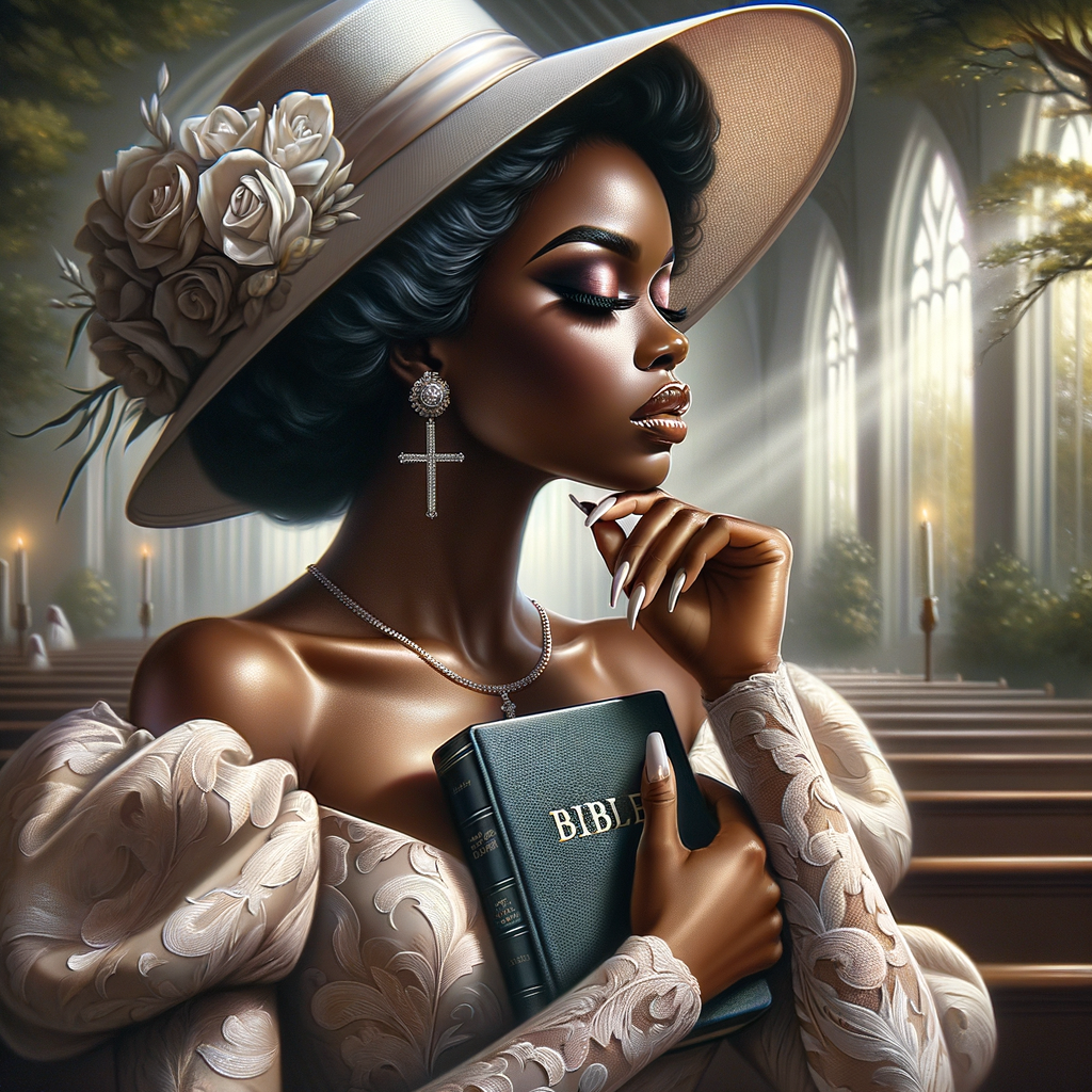 Render an airbrush oil painting of an African American woman with flawless makeup in a
contemplative pose, holding a Bible close to her heart, dressed in an elegant Sunday Best
outfit with a distinctive Church Hat. The background features a peaceful church garden,
with light filtering through the trees, highlighting her spiritual connection and the personal
moment of reflection. The artwork should capture the tranquility of the scene, the beauty
of her attire, and the depth of her contemplation, reflecting a serene and spiritually