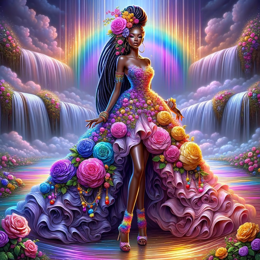 Remix Prompt
S/O Jackie Torres
S/O Panda Locke

create a animated style hyper realistic airbrush whimsical oil painting of a light African American woman wearing a flawless beautiful purple, pink, and gold blossom dress long flowing with colorful flowers and ruffles on the dress colorful jewelry made of flowers she has long black dreadlocks in a bun a colorful rose in her hair her peep toe shoes is matching her dress behind her is a beautiful waterfall liquid glowing lights beautiful colorful rainbow surrounded by beautiful roses.