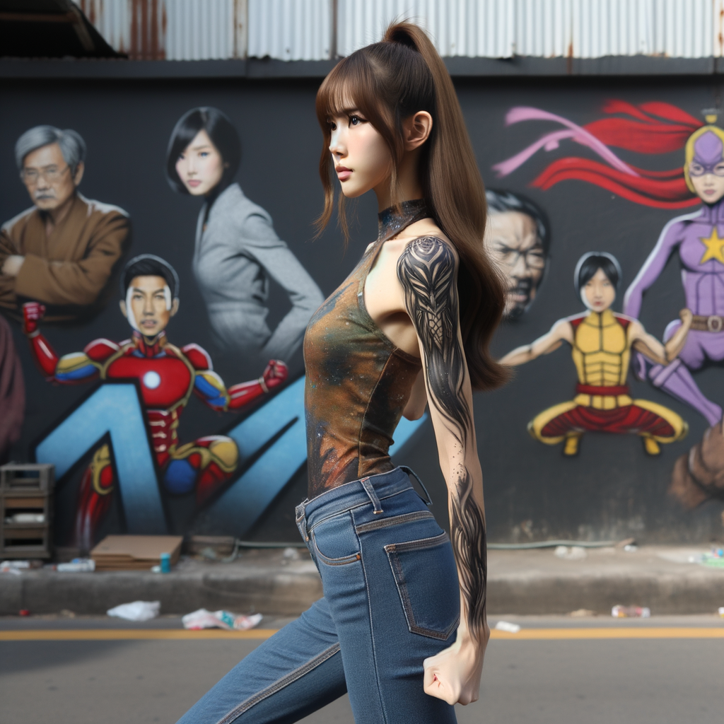 Very thin Athletic Thin skinny Attractive, Asian teenage girl, long brown hair and bangs, wearing tight skinny jeans and a halter top paint marks on her clothing, sitting side view heroic pose Asian graffiti