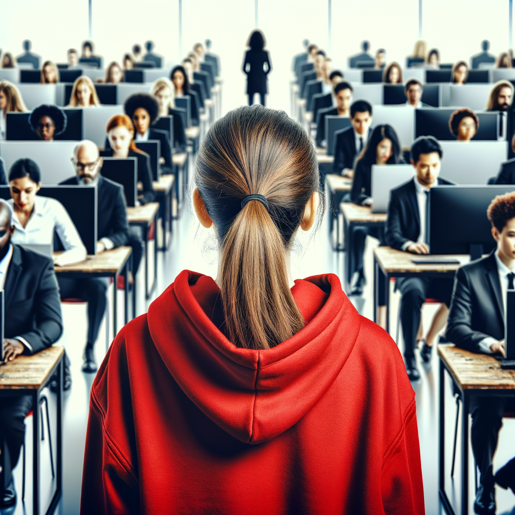 Backside profile of a young woman wearing red hodie, surrounded by peoples with black suits who work in front of computer screens