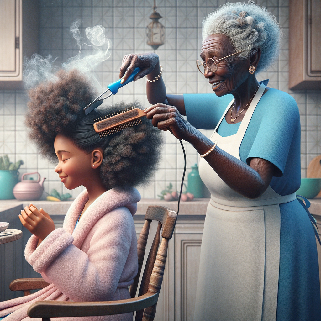 Create a realistic 3-D image of an african-American grandmother wearing a blue house dress and a white apron . She is in the kitchen with her african-American granddaughter. Her granddaughter is wearing a pink bath robe. The grandmother has a hot comb in her hand and she is straightening her granddaughters hair. One side of her granddaughters hair is in  a Afro the other straight 
There is smoke coming from the hot comb
The granddaughter is making a face as if to say grandma that hurt