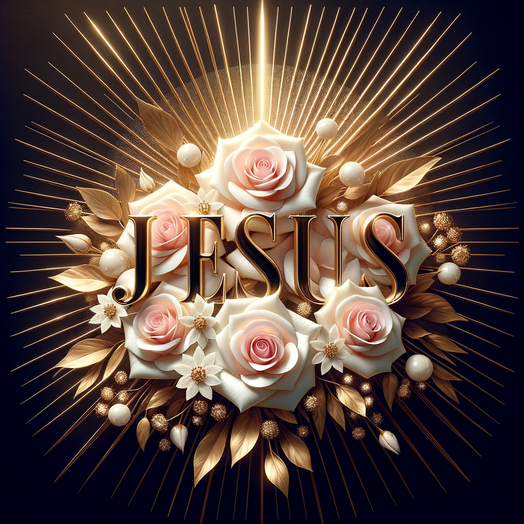 Create an elegant and celebratory image that radiates warmth and grace. At the forefront, craft the word "JESUS" in bold, 3D lettering with a luxurious mix of metallic sheen and white enamel, giving it a raised, tangible feel. Surround the text with a bouquet of beautifully rendered soft pink roses in full bloom, exuding a sense of peace and love. Include accents of gold leaf and small, radiant gemstones that gently scatter light. The backdrop should feature a radiant halo of golden rays emanating outward, enhancing the composition's divine atmosphere. The overall design should convey a sense of reverence and the beauty of faith, all harmoniously balanced and rich in texture.