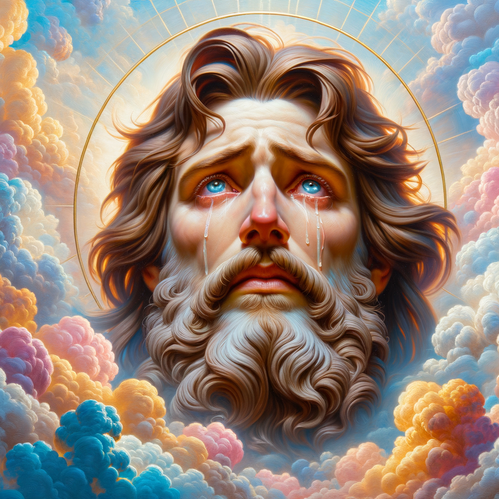 Create a 3-D realistic oil, painting brown 
Jesus Christ coming in the blue, gold, pink and white clouds with great power and glory up close, tears rolling down his face,