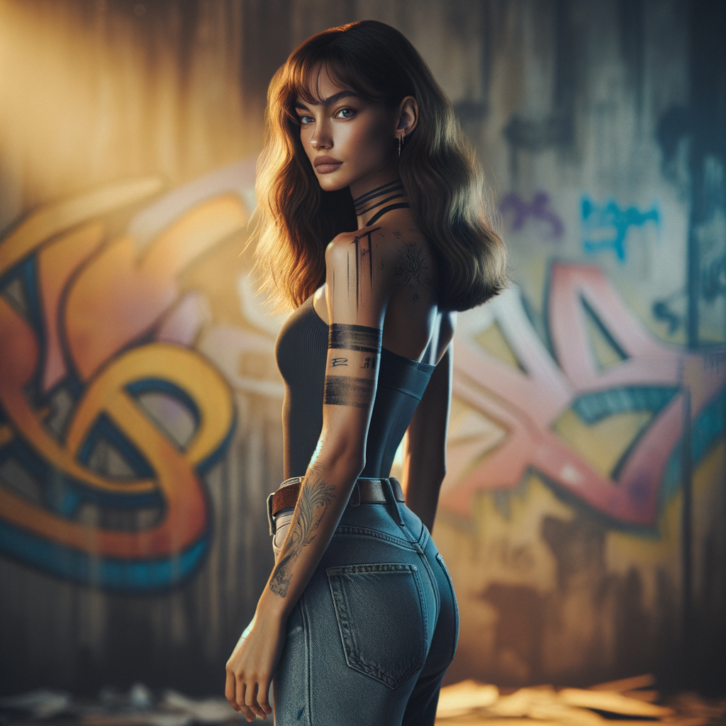 Athletic Thin skinny Attractive, Asian teenage girl, long brown hair and bangs, wearing tight skinny jeans and a halter top paint marks on her clothing, heroic pose Asian graffiti background, backside view