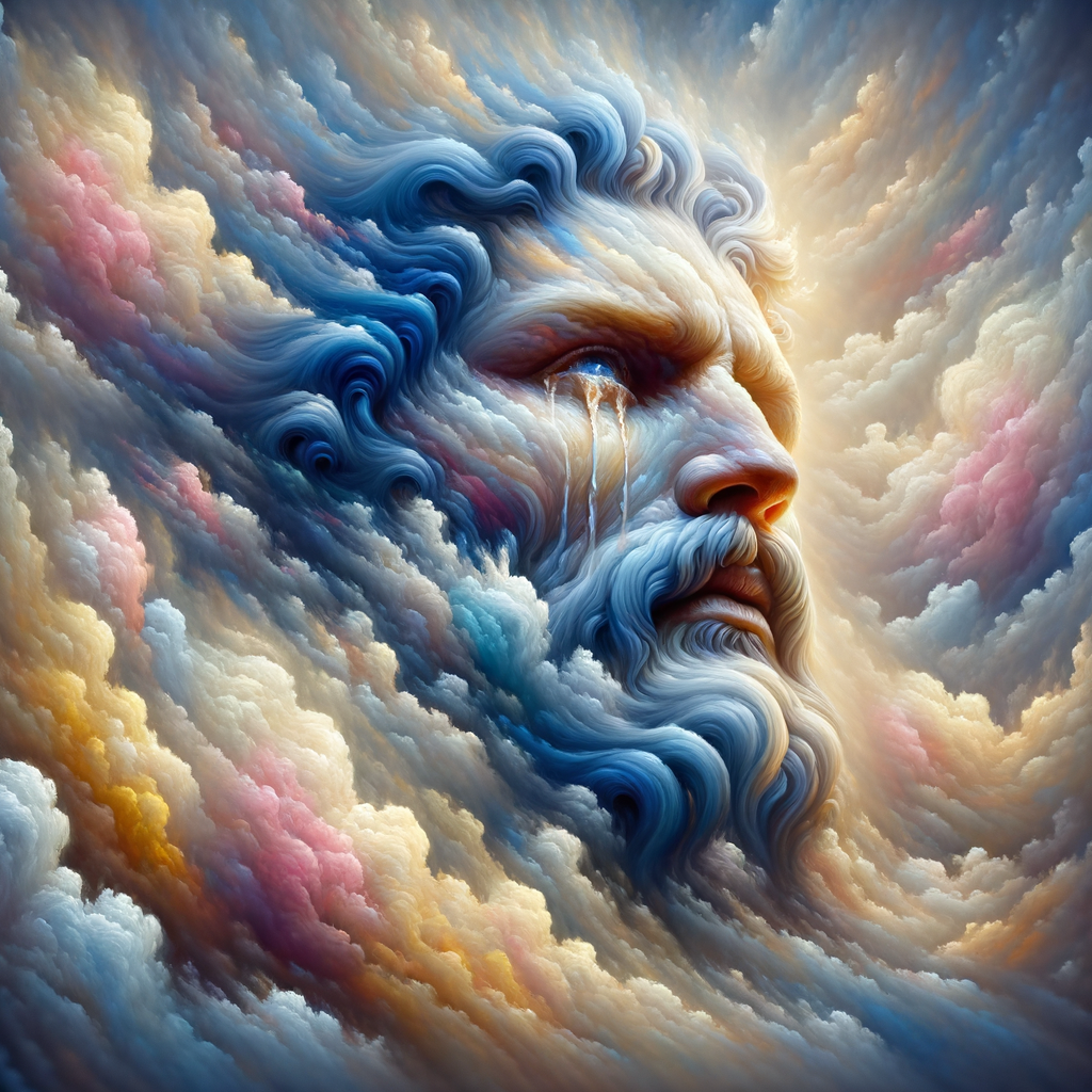 Create a 3-D realistic oil, painting Jesus Christ coming in the blue, gold, pink and white clouds with great power and glory up close, tears rolling down his face,