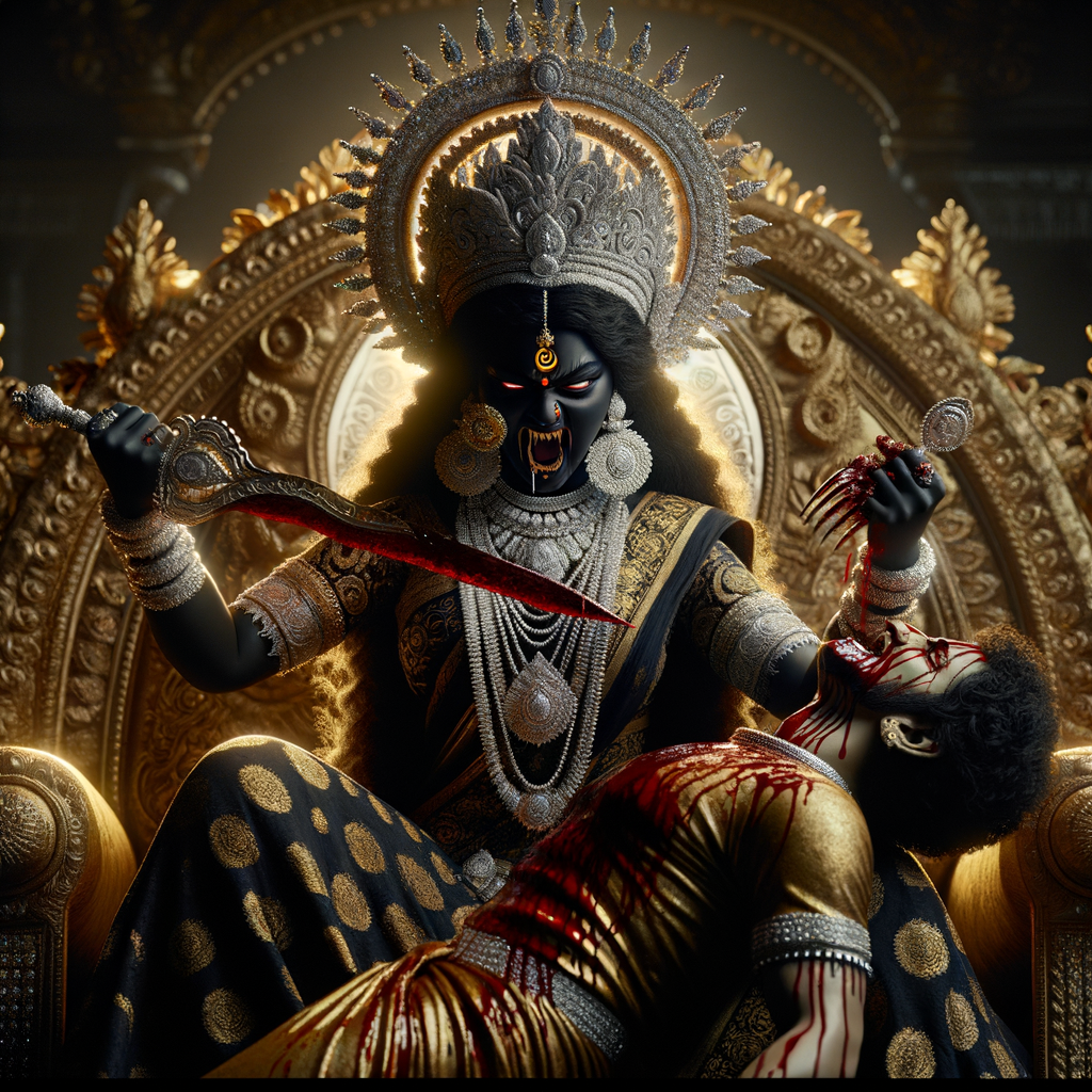 portrait of extremly angry looking goddess durga, black skinned, sitting on a gold crown and carrying a weak mahishasur on her lap and stabbing him with her amazing long red finger nails. She is wearing diamond armor, a huge diamond crown, black saree, abundant diamond jewelry, covered in blood. The scene is set in ancient India. The image is 8K resolution, cinematic, ultra detailed face and epic.