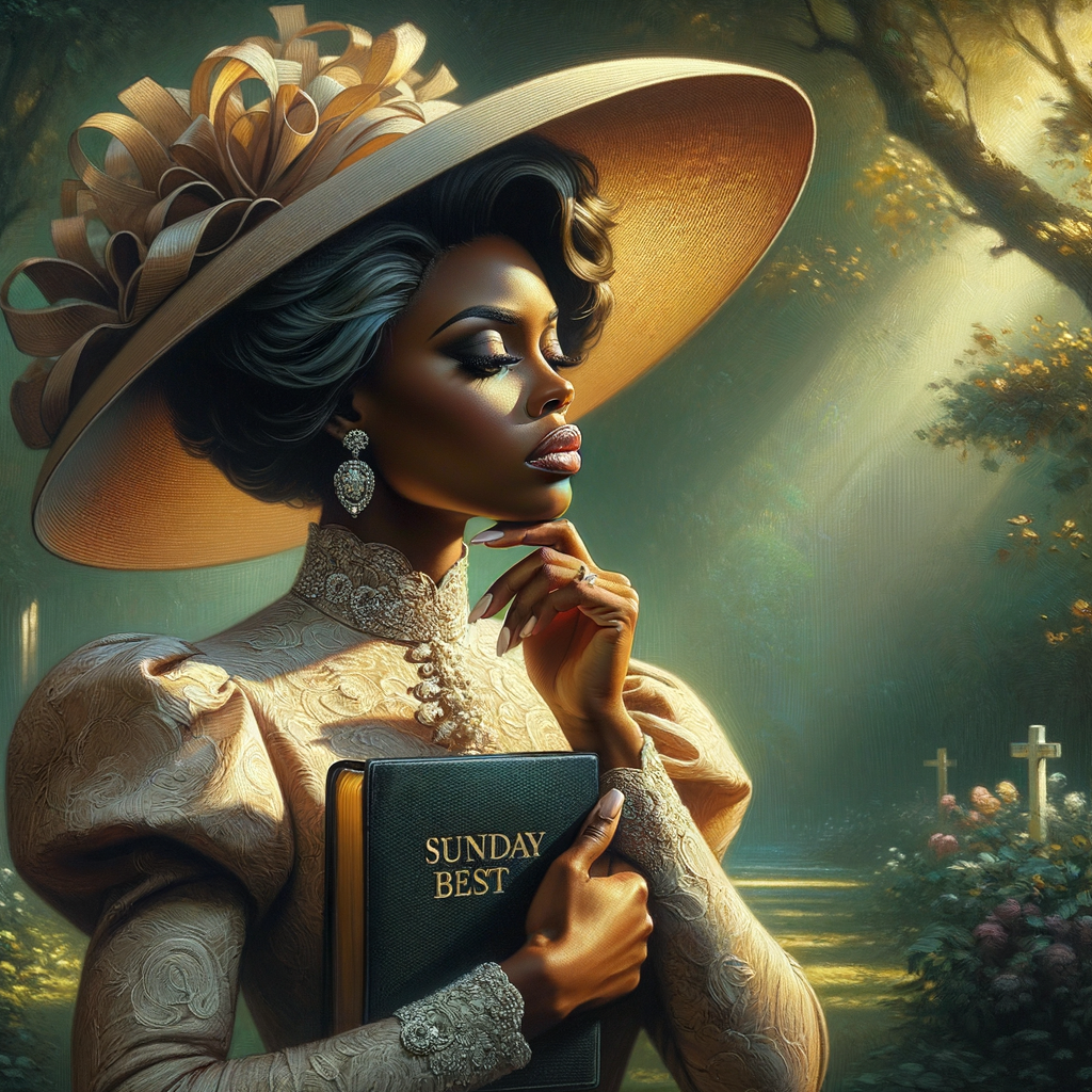 Render an airbrush oil painting of an African American woman with flawless makeup in a
contemplative pose, holding a Bible close to her heart, dressed in an elegant Sunday Best
outfit with a distinctive Church Hat. The background features a peaceful church garden,
with light filtering through the trees, highlighting her spiritual connection and the personal
moment of reflection. The artwork should capture the tranquility of the scene, the beauty
of her attire, and the depth of her contemplation, reflecting a serene and spiritually