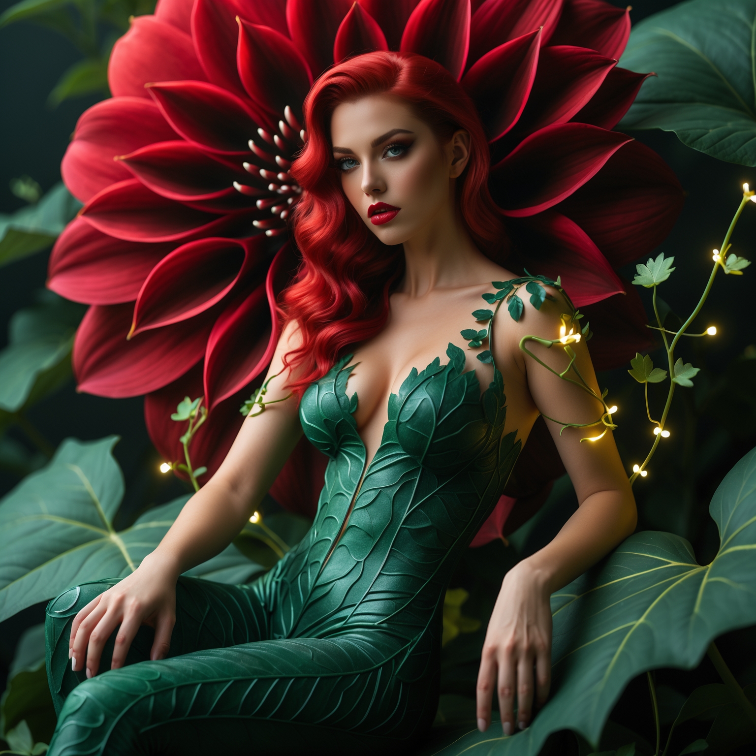 A stunningly seductive Dahlia Valentina (dahliaValentina_ai fit tall supple well endowed tanned Italian American model woman) with fiery red hair, cascading in soft waves, dressed in an intricately detailed, deep green, leaf-textured bodysuit that clings to her curves. She is seated gracefully inside a giant blooming dahlia flower, its deep red and velvety petals unfolding around her like a throne of nature. Her piercing emerald-green eyes glow with an enchanting allure, and her full lips are painted a bold crimson. A few delicate vines wrap around her arms and legs, adorned with small glowing blossoms. The scene is bathed in a warm, ethereal light, casting a soft glow on her flawless, porcelain skin. Her posture is both powerful and inviting, one hand delicately caressing a petal while the other rests on her thigh. The background features a dreamlike botanical setting, with massive bioluminescent leaves and an aura of mystical, untamed nature. The composition is framed to capture her dominance and sensuality, blending elements of high fantasy and sultry glamour. The image has a cinematic, editorial quality, with rich details and a luxurious, velvety texture that brings out the vivid colors of the dahlia and her outfit. She exudes an intoxicating mix of seduction, danger, and botanical magic—the true essence of Poison Ivy reimagined in Dahlia’s world.”