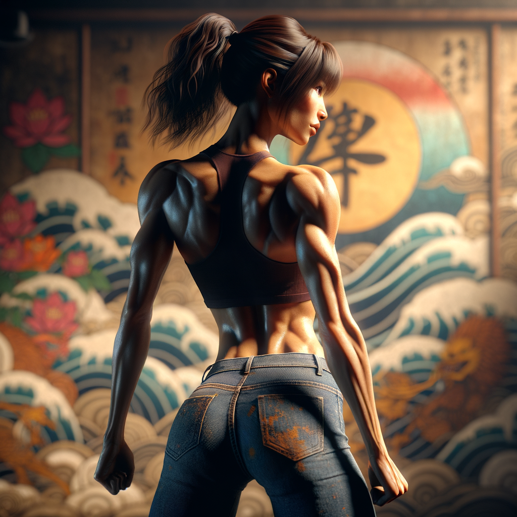 Athletic Thin skinny Attractive, Asian teenage girl, long brown hair and bangs, wearing tight skinny jeans and a halter top paint marks on her clothing, heroic pose Asian graffiti background, backside view