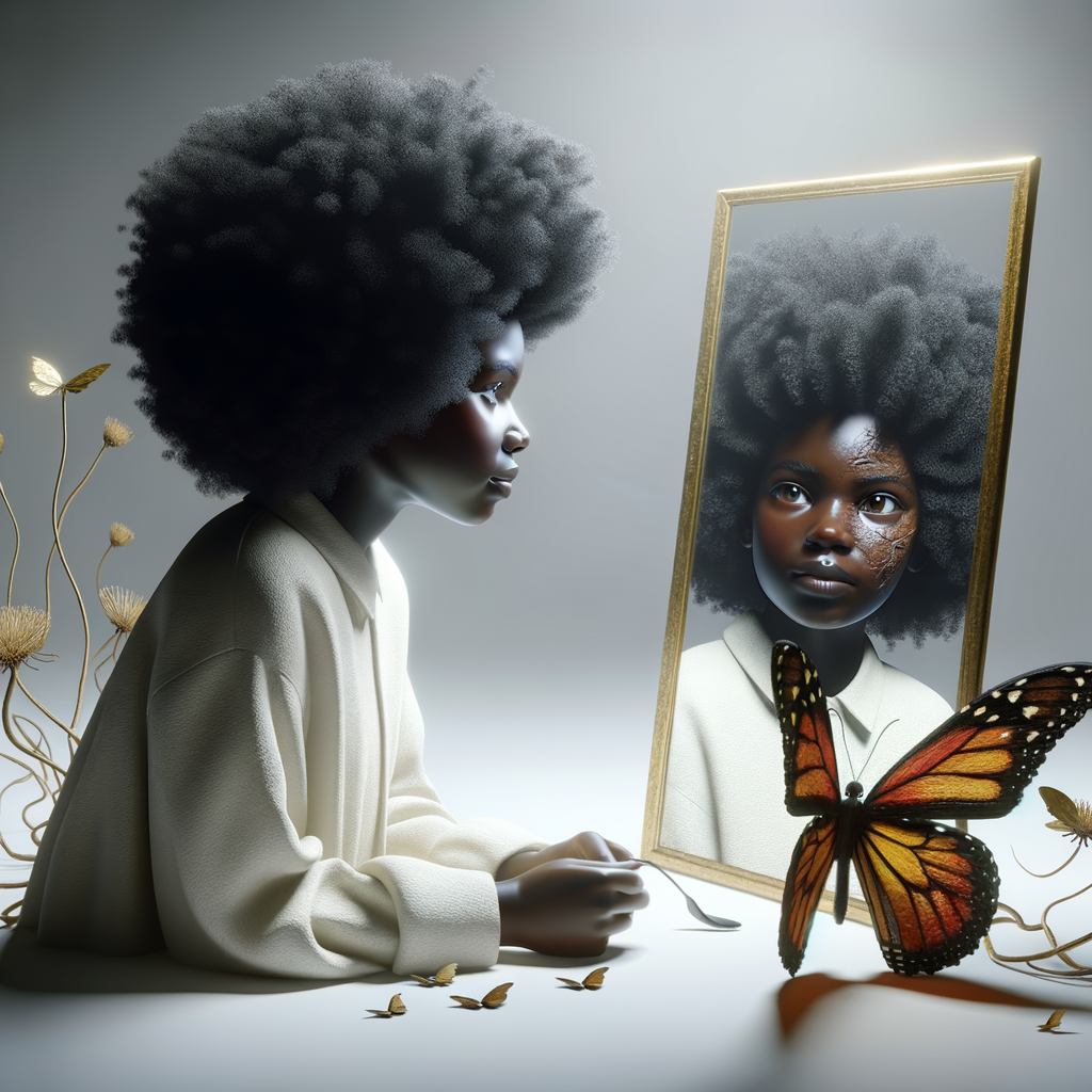 Create a 3-D realistic beautiful African-American  women with thick curly black hair
Looking at herself in the mirror, but the reflection she sees is a child, and she is no longer beautiful. She is ugly with scars. There is a fallen butterfly.