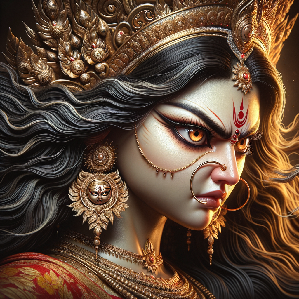 Side view portrait of extremely angry goddess durga. intricately detailed depiction of a goddess. gold jewelry all over body. sharp nose, light skin, beautiful brown eyes, wavy black hair, ultra detailed face. Wearing red saree, a lot of gold ear piercings, huge gold crown. uhd, hdr, 64k, epic, ultra detailed face, photography, 8k, UHD