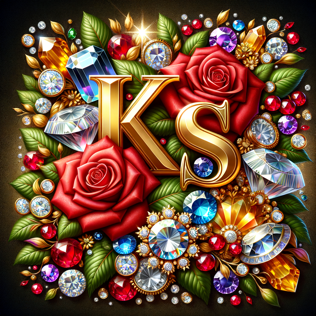 Create a 3-D realistic image with the letters  K.S. in gold raised letters and add some red roses. Add diamonds and colorful jewels