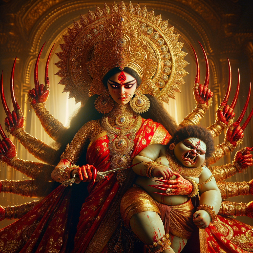 portrait of angry looking goddess durga  carrying a chubby mahishasur in her arms and poking him with her amazingly long red fingernails. She is wearing a huge gold crown, red saree, abundant  gold jewelry, covered in blood. The scene is set in ancient India. The image is 8K resolution, cinematic, ultra detailed face and epic.