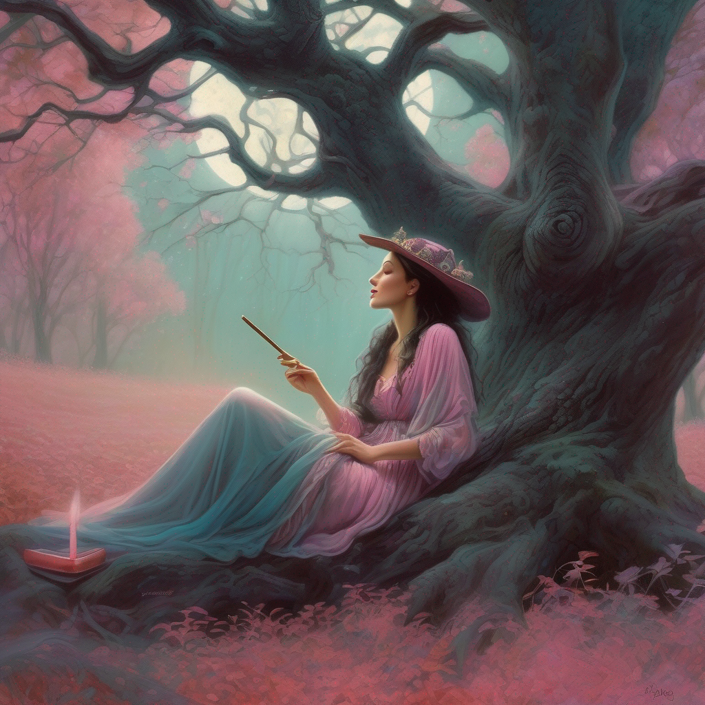 "In the heart of an enchanting forest glade, a mysterious sinister  witch reclines against an ancient tree, drawing fragrant, swirling smoke from a herbal cigar. The night air is calm, and the moonlight casts a gentle crimson glow around her, illuminating her serene expression. Behind her, the backdrop features a stylized illustration of a five-lobed plant leaf, crafted with delicate artistry. The scene balances a sense of mystical tranquility with the natural beauty of her woodland sanctuary." Close-up shot