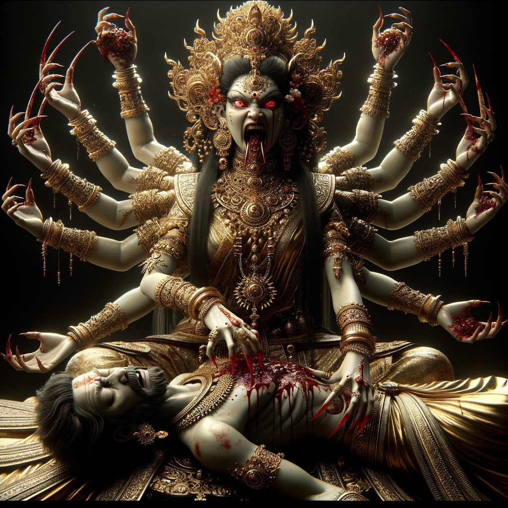 portrait of angry looking, four-armed indian goddess  sitting on a gold crown and carrying a weak mahishasur on her lap and poking his abdomen with her amazingly long red fingernails . She is wearing gold armor, a huge gold crown, gold saree, abundant  gold jewelry, covered in blood. The scene is set in ancient India. The image is 8K resolution, cinematic, photography, ultra detailed face and epic.